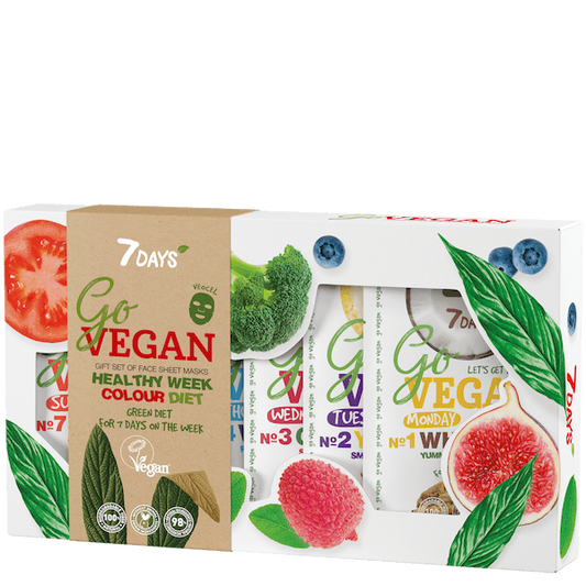 7DAYS Go Vegan Geschenkset mit 7 Gesichtsmasken für eine Woche – Healthy Week Colour Diet, vegane Tuchmasken mit Gemüse- und Fruchtextrakten in nachhaltiger Verpackung