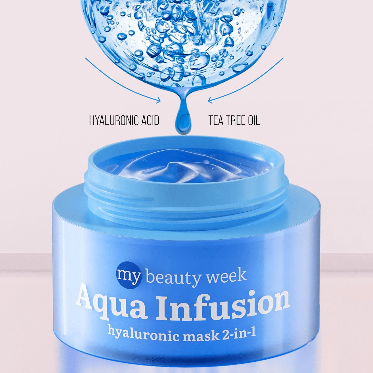 Offene blaue Creme-Dose der 7DAYS my beauty week Aqua Infusion Hyaluronic Mask 2-in-1; von oben tropft gelige Textur mit Hyaluronsäure und Teebaumöl in die Maske.