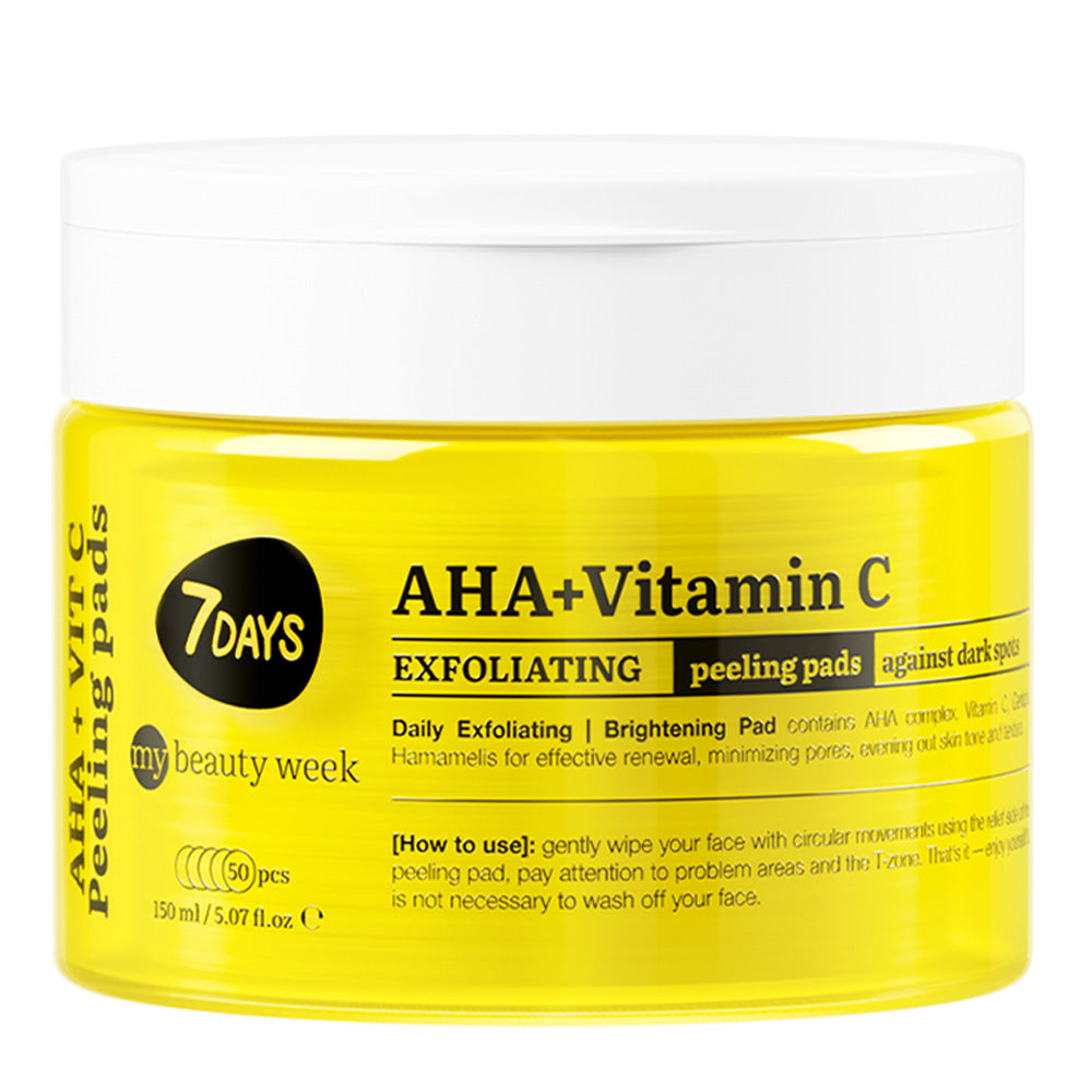 Geschlossene gelbe Dose 7DAYS my beauty week Exfoliating Peeling Pads (AHA + Vitamin C), 150 ml mit 50 Pads, für tägliches Peeling, Aufhellung und die Reduktion dunkler Flecken.