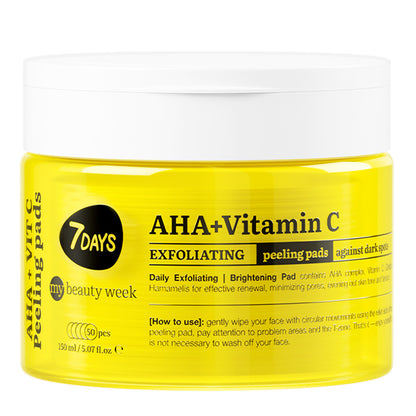 Geschlossene gelbe Dose 7DAYS my beauty week Exfoliating Peeling Pads (AHA + Vitamin C), 150 ml mit 50 Pads, für tägliches Peeling, Aufhellung und die Reduktion dunkler Flecken.