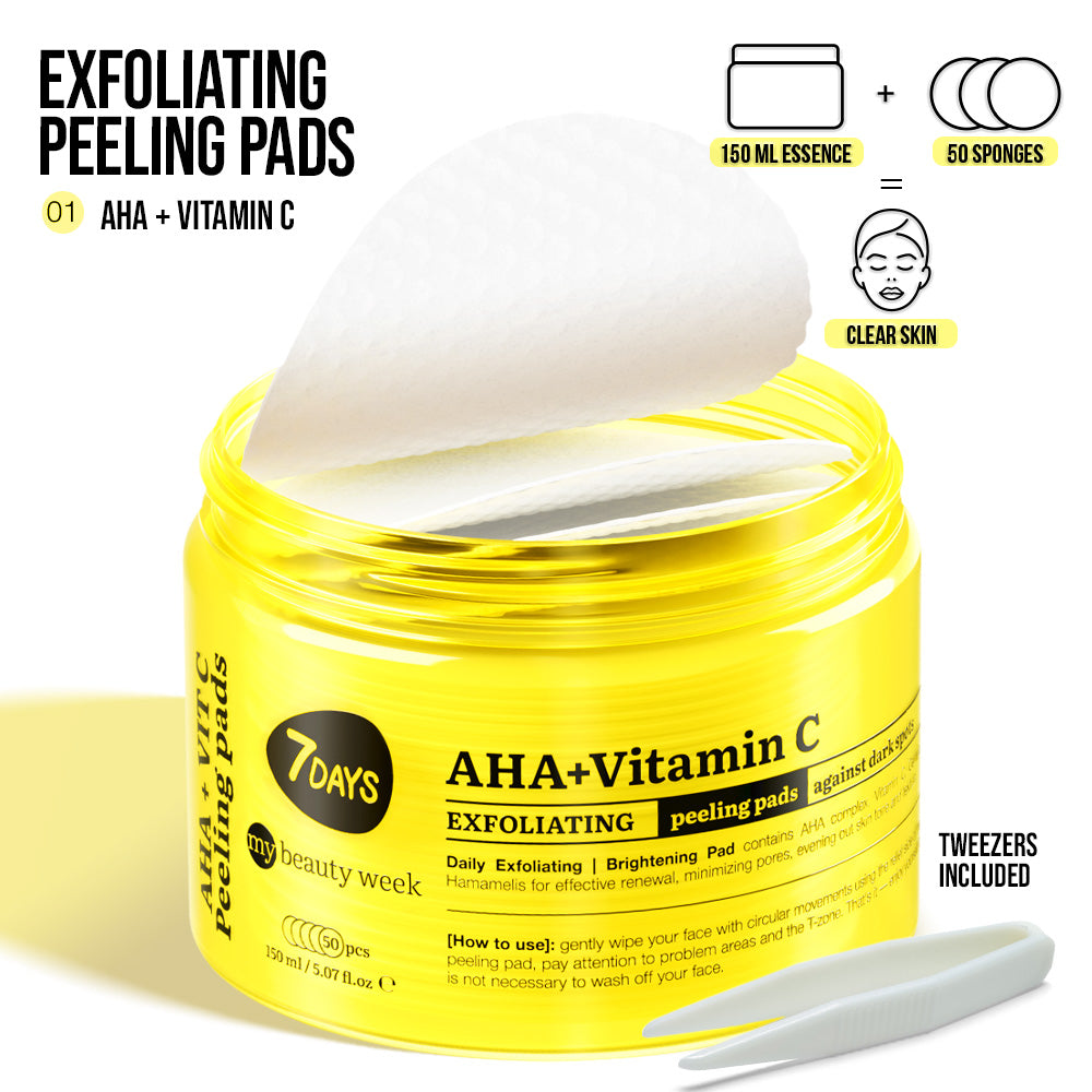 Offene gelbe Dose 7DAYS my beauty week Exfoliating Peeling Pads (AHA + Vitamin C), 150 ml mit 50 Pads und Pinzette, für tägliche Hauterneuerung, Aufhellung und ein klares Hautbild.
