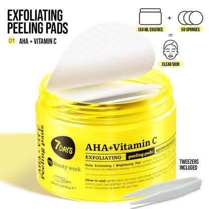 Offene gelbe Dose 7DAYS my beauty week Exfoliating Peeling Pads (AHA + Vitamin C), 150 ml mit 50 Pads und Pinzette, für tägliche Hauterneuerung, Aufhellung und ein klares Hautbild.
