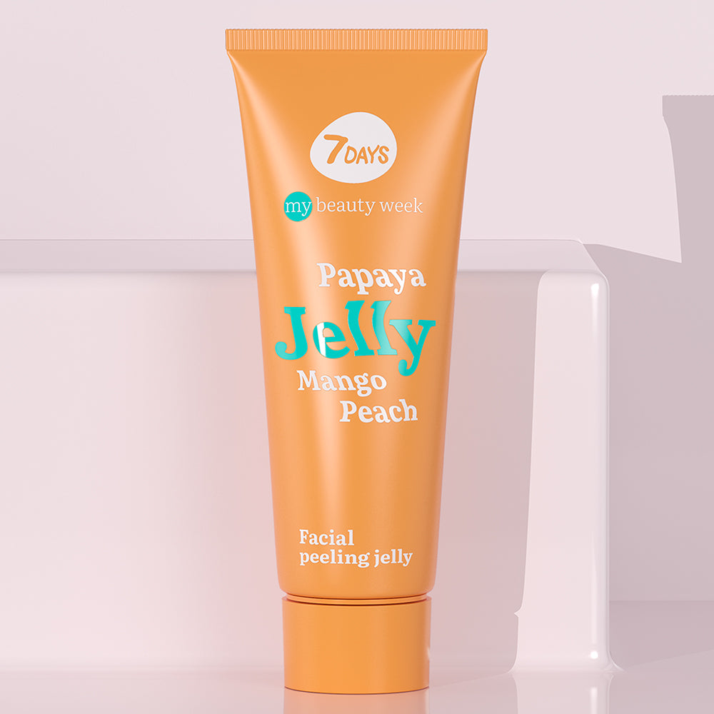 Orange Tube 7DAYS my beauty week Papaya Jelly Facial Peeling Jelly mit Mango- und Pfirsich-Extrakt, sanftes Peeling für eine frische und glatte Haut.