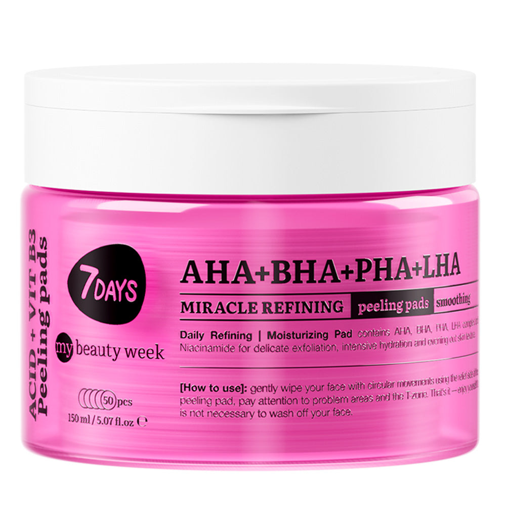 Geschlossene pinke Dose 7DAYS my beauty week Miracle Refining Peeling Pads (AHA+BHA+PHA+LHA), 150 ml, für sanfte Hauterneuerung, Feuchtigkeit und Glättung.