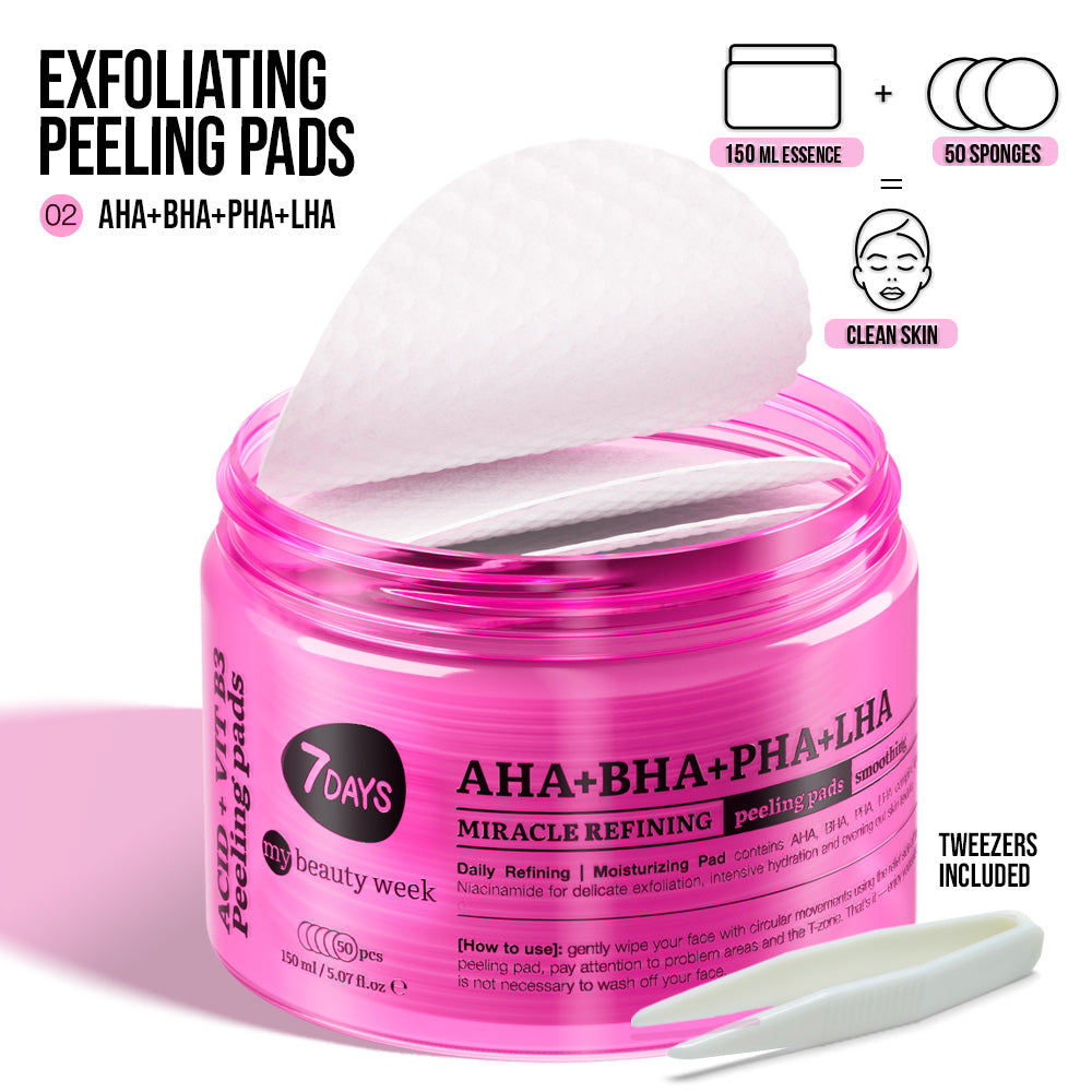 Offene pinke Dose mit 7DAYS my beauty week Exfoliating Peeling Pads (AHA+BHA+PHA+LHA), inklusive Pinzette, zeigt runde getränkte Pads zur sanften Hautreinigung und Verfeinerung.