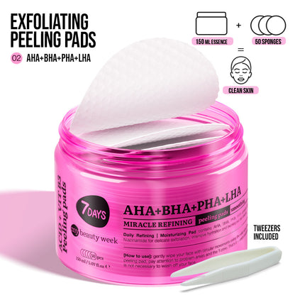 Offene pinke Dose mit 7DAYS my beauty week Exfoliating Peeling Pads (AHA+BHA+PHA+LHA), inklusive Pinzette, zeigt runde getränkte Pads zur sanften Hautreinigung und Verfeinerung.