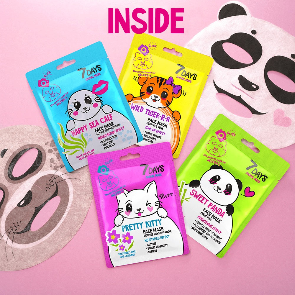 Vier farbenfrohe Sachets der 7DAYS Animal Mask Serie („Happy Sea Calf“, „Wild Tiger-R-R“, „Pretty Kitty“ und „Sweet Panda“) auf rosa Hintergrund, daneben aufgefaltete Tier-Gesichtsmasken mit Panda- und Seehund-Design.