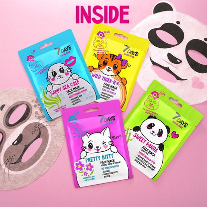 Vier farbenfrohe Sachets der 7DAYS Animal Mask Serie („Happy Sea Calf“, „Wild Tiger-R-R“, „Pretty Kitty“ und „Sweet Panda“) auf rosa Hintergrund, daneben aufgefaltete Tier-Gesichtsmasken mit Panda- und Seehund-Design.