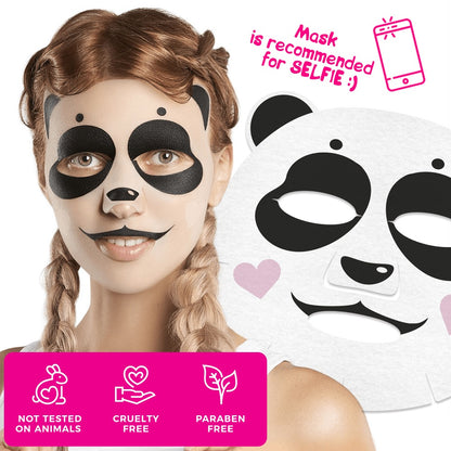 Frau mit zwei Zöpfen trägt eine Panda-Gesichtsmaske mit schwarzen Augen- und Nasenpartien und lächelt; daneben die abgelegte Maske mit rosa Herzchen. Unten Symbole für „Not tested on animals“, „Cruelty free“ und „Paraben free“.