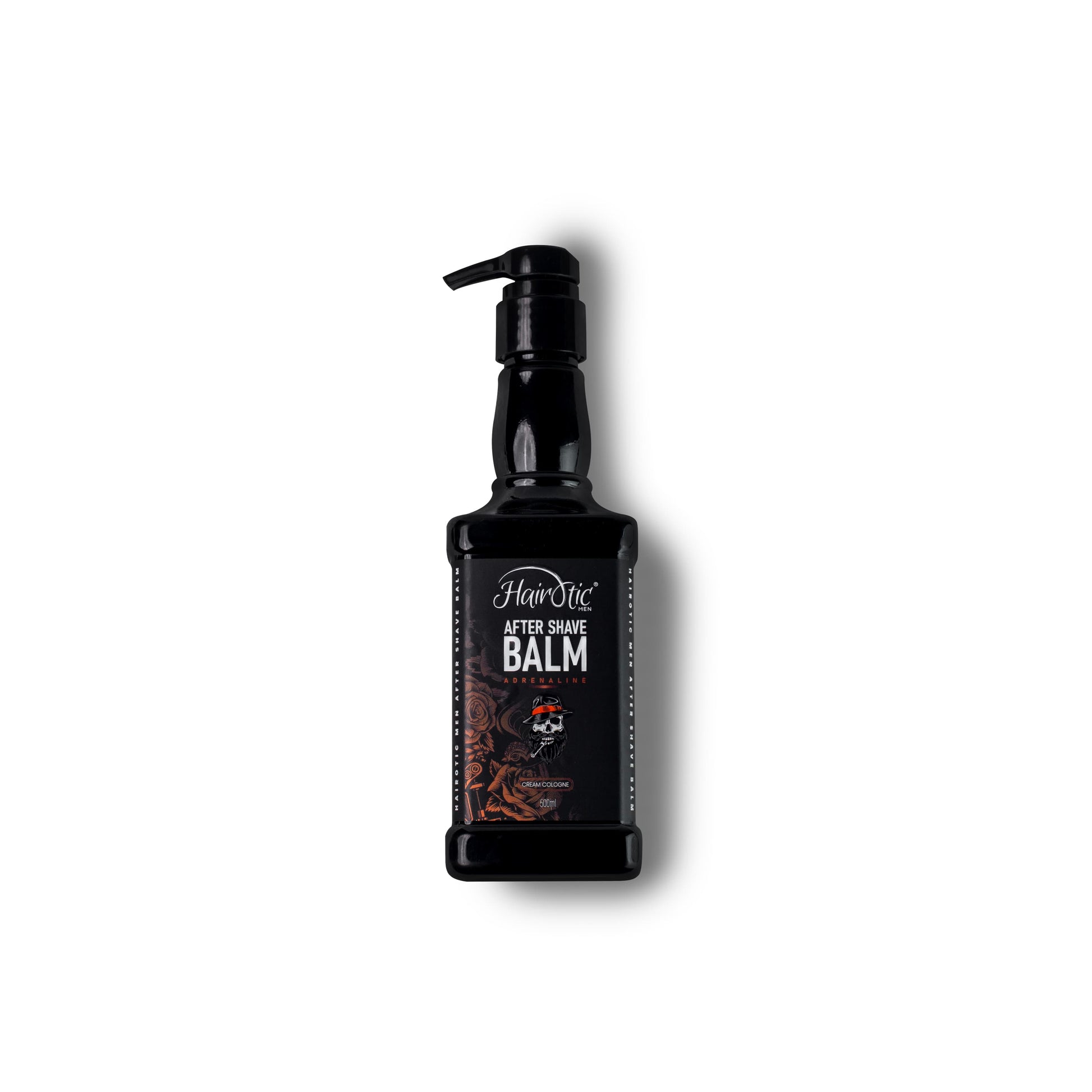 Schwarze Flasche Hairotic Professional After Shave Balm Adrenaline, 500 ml, mit Pumpspender und rot-braunem Label-Design, freigestellt auf weißem Hintergrund.