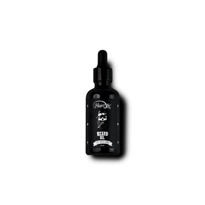 Schwarze Glasflasche Hairotic Professional Beard Oil, 50 ml, mit Pipettenverschluss und weißem Logo, Produktfoto auf weißem Hintergrund.
