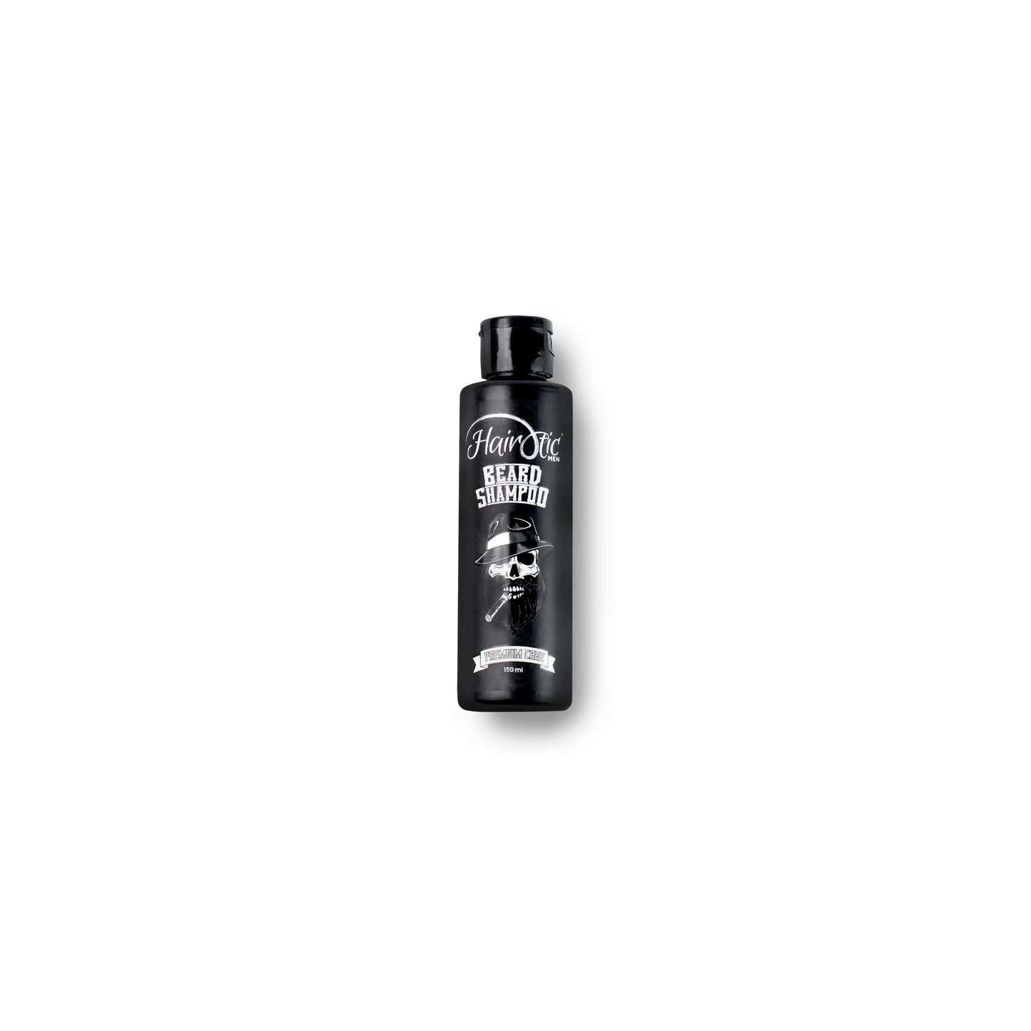 Schwarze Flasche Hairotic Professional Beard Shampoo, 150 ml, mit weißer Aufschrift und Logo, Produktfoto auf weißem Hintergrund.