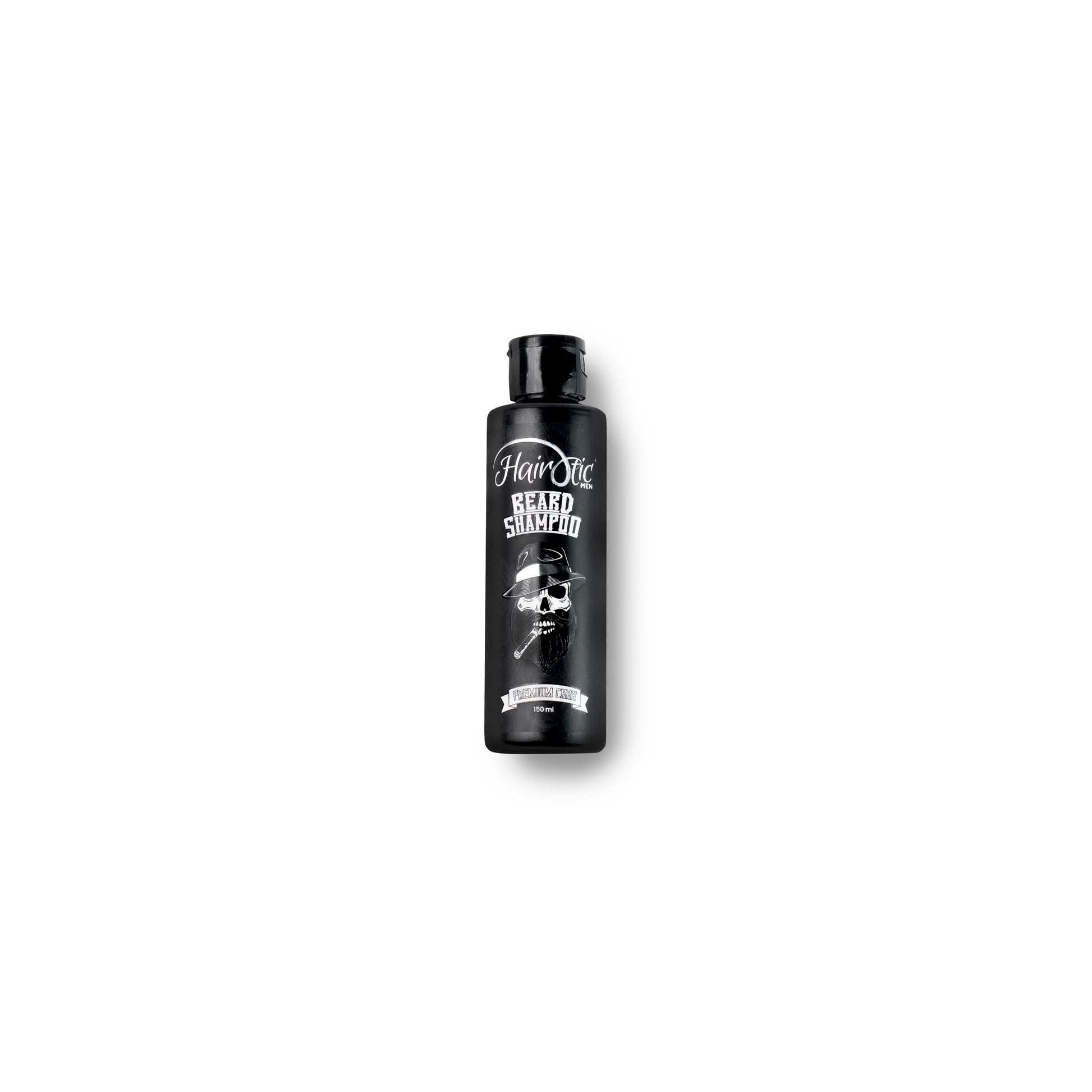 Schwarze Flasche Hairotic Professional Beard Shampoo, 150 ml, mit weißer Aufschrift und Logo, Produktfoto auf weißem Hintergrund.