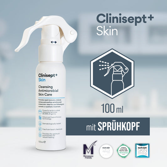 Clinisept+ Skin 100 ml mit Sprühkopf – antimikrobielle Hautpflege, ausgezeichnet bei Marie Claire Skin Awards und Clever Skincare Awards, geeignet für sensible Haut und Menopause Friendly