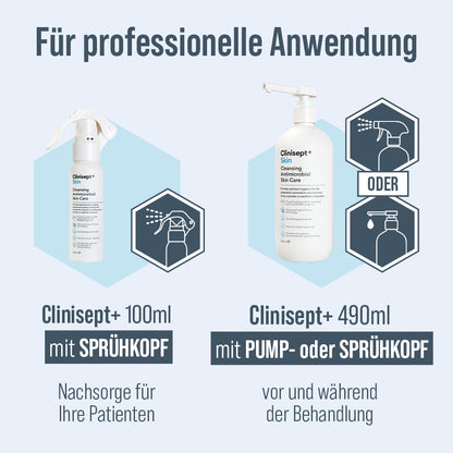 Grafik „Für professionelle Anwendung“ mit zwei Clinisept+ Skin Flaschen: links 100 ml mit Sprühkopf („Nachsorge für Ihre Patienten“), rechts 490 ml mit Pump- oder Sprühkopf („vor und während der Behandlung“).
