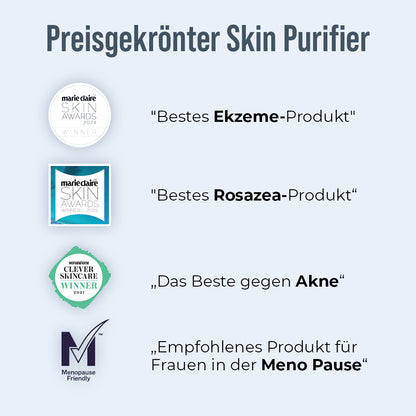 Grafik mit Titel „Preisgekrönter Skin Purifier“; zeigt vier Auszeichnungen: Marie Claire Skin Awards 2024 („Bestes Ekzeme-Produkt“), Marie Claire Skin Awards 2022 („Bestes Rosazea-Produkt“), Woman&Home Clever Skincare Winner 2021 („Das Beste gegen Akne“) und Menopause Friendly („Empfohlenes Produkt für Frauen in der Menopause“).