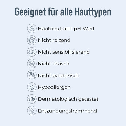 Grafik mit Überschrift „Geeignet für alle Hauttypen“; darunter Liste mit Symbolen und Vorteilen: hautneutraler pH-Wert, nicht reizend, nicht sensibilisierend, nicht toxisch, nicht zytotoxisch, hypoallergen, dermatologisch getestet, entzündungshemmend.