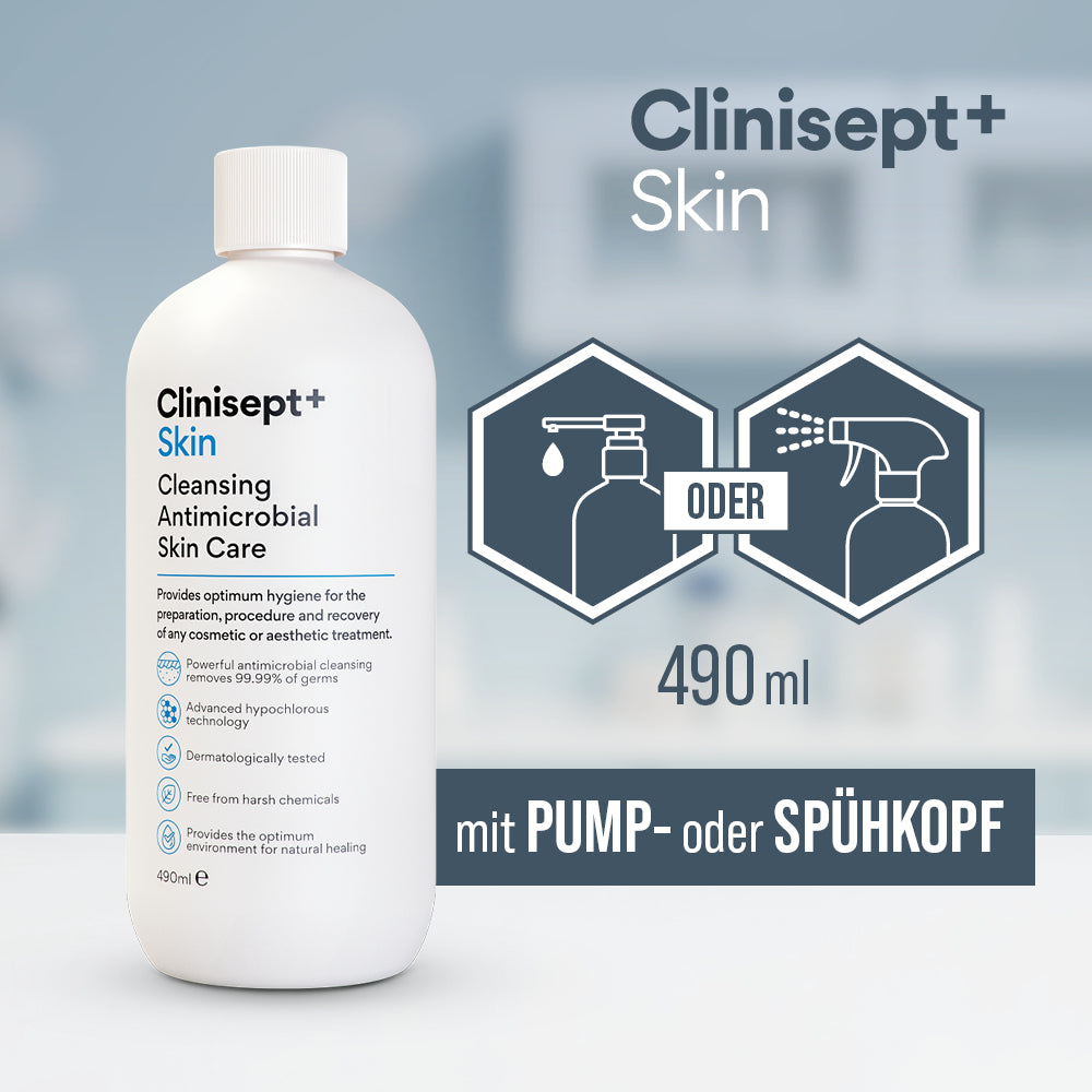 Clinisept+ Skin 490 ml Flasche – erhältlich mit Pump- oder Sprühkopf für flexible Anwendung in der Hautpflege