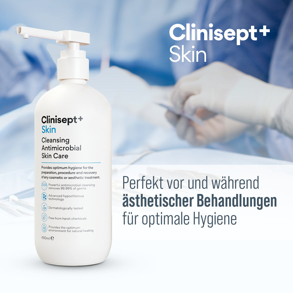 Clinisept+ Skin 490 ml Flasche mit Pumpkopf vor medizinischem Hintergrund – optimale Hygiene vor und während ästhetischer Behandlungen
