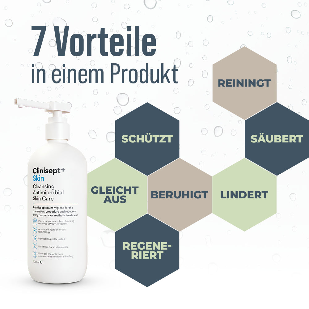 Infografik: Clinisept+ Skin 490 ml zeigt 7 Vorteile in einem Produkt – reinigt, säubert, schützt, gleicht aus, beruhigt, lindert und regeneriert