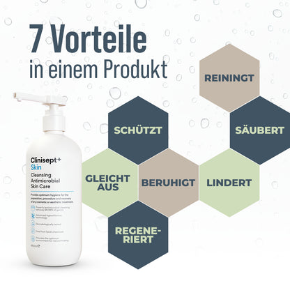 Infografik: Clinisept+ Skin 490 ml zeigt 7 Vorteile in einem Produkt – reinigt, säubert, schützt, gleicht aus, beruhigt, lindert und regeneriert