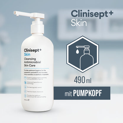 Clinisep+ Skin Cleansing Antimicrobial Skin Care 490 ml Flasche mit Pumpkopf; daneben Symbol für Pumpdosierung und Text „490 ml mit Pumpkopf“.