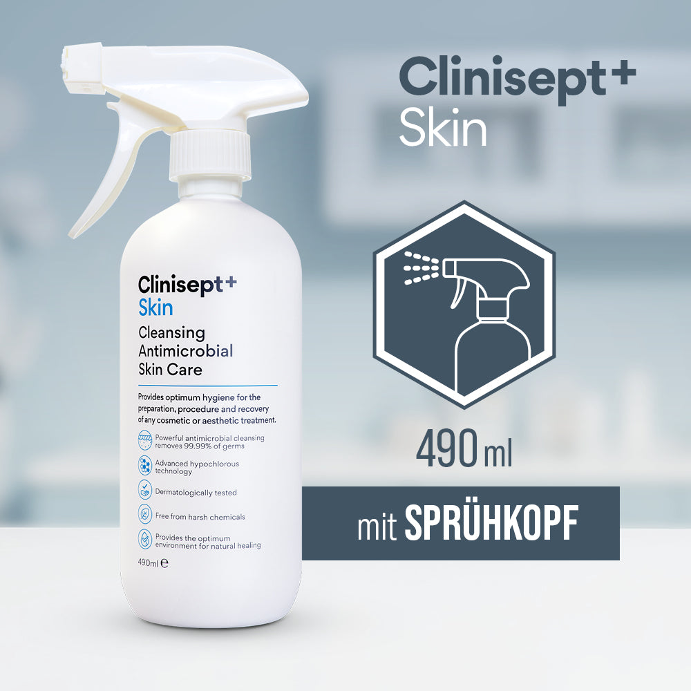 Clinisept+ Skin 490 ml mit Sprühkopf – antimikrobielle Hautpflege zur sanften Reinigung und Vorbereitung kosmetischer Behandlungen