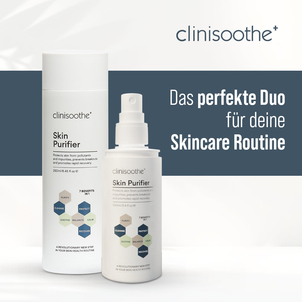 Clinisoothe+ Skin Purifier in zwei Größen (250 ml Flasche und 100 ml Sprayflasche) mit Slogan „Das perfekte Duo für deine Skincare Routine“.