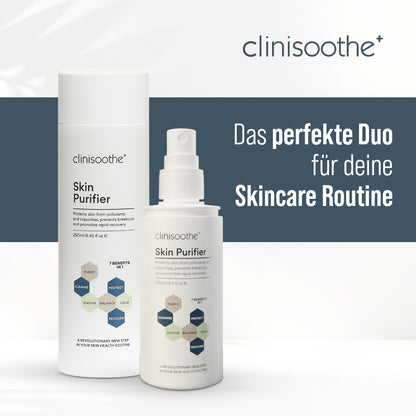 Clinisoothe+ Skin Purifier in zwei Größen (250 ml Flasche und 100 ml Sprayflasche) mit Slogan „Das perfekte Duo für deine Skincare Routine“.