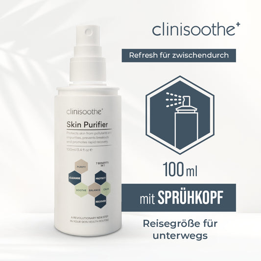 Clinisoothe+ Skin Purifier 100 ml Sprayflasche mit Text „Refresh für zwischendurch“, Symbol für Sprühkopf, Hinweis „mit Sprühkopf, Reisegröße für unterwegs“.