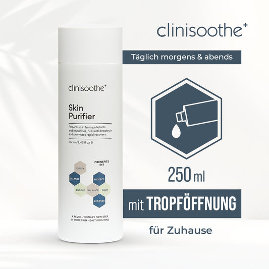 Clinisoothe+ Skin Purifier Flasche (250 ml) mit Hinweis „täglich morgens & abends“, Symbol für Tropföffnung und Text „mit Tropföffnung für Zuhause“.