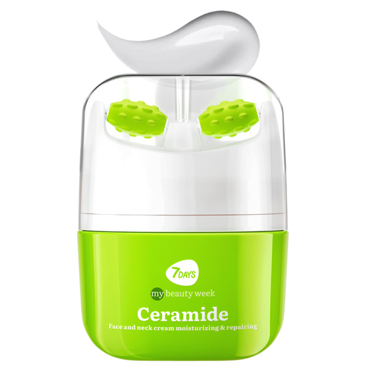 7DAYS My Beauty Week Ceramide Face & Neck Cream mit integriertem grünen Massage-Applikator, feuchtigkeitsspendende und reparierende Formel, sichtbare cremige Textur