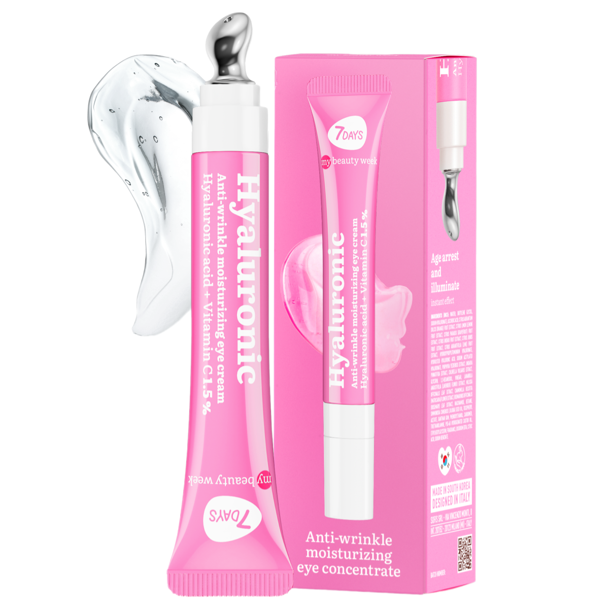 Pinkfarbene 7DAYS my beauty week Hyaluronic Anti-Wrinkle Moisturizing Eye Cream mit silbernem Massageapplikator, daneben die passende Umverpackung und transparente Gel-Textur.