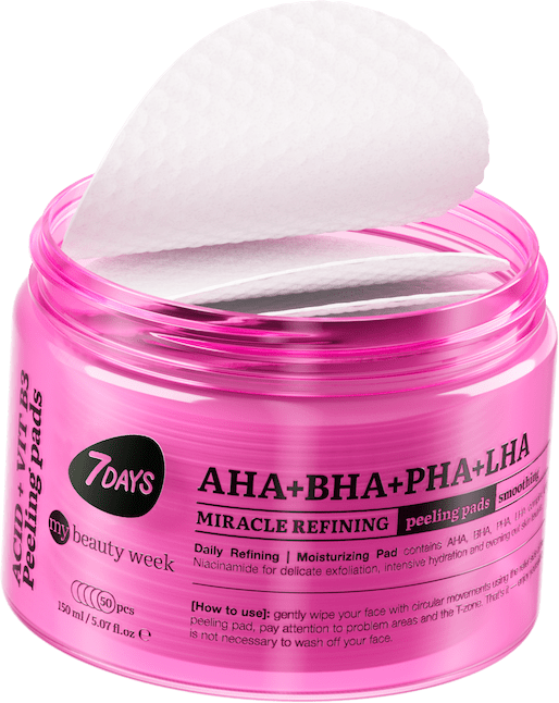 7DAYS my beauty week AHA + BHA + PHA + LHA Miracle Refining Peeling Pads in pinker Dose mit geöffnetem Pad, 150 ml (50 Stück)