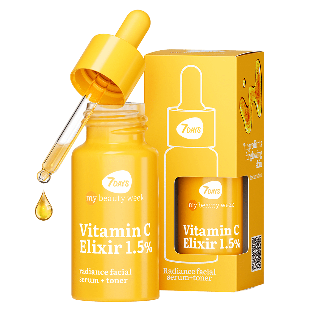 Gelbes Fläschchen mit Pipette und Umverpackung: 7DAYS my beauty week Vitamin C Elixir 1.5% Radiance Facial Serum + Toner, Abbildung mit goldgelber Textur-Tropfen.