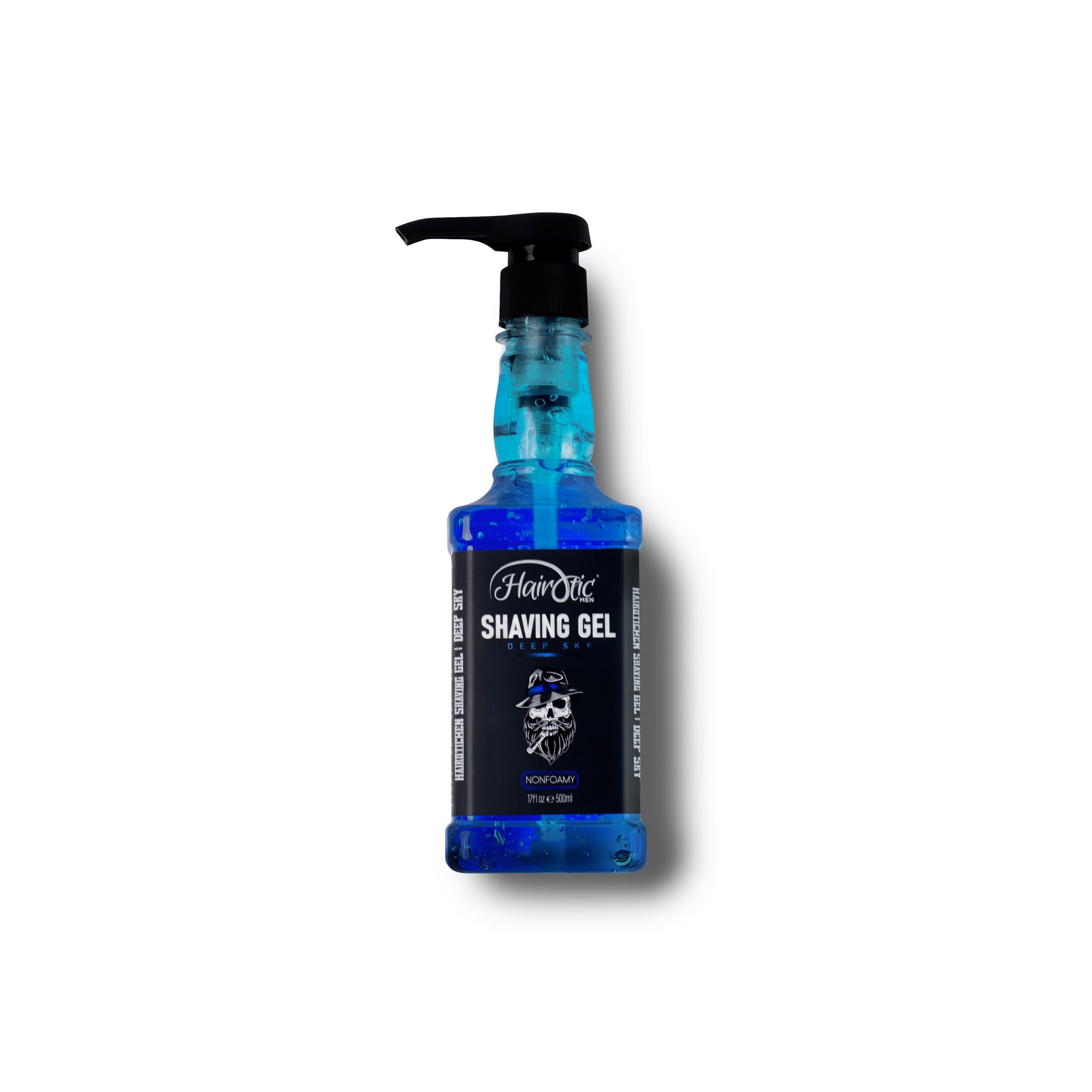 Hairotic Professional Shaving Gel Deep Sky in blauer 500 ml Flasche mit schwarzem Pumpspender, transparentes Rasiergel für präzise und saubere Rasuren.