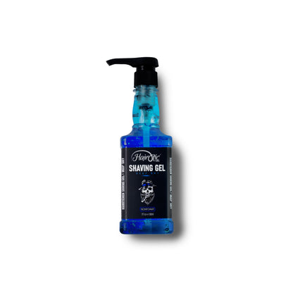 Hairotic Professional Shaving Gel Deep Sky in blauer 500 ml Flasche mit schwarzem Pumpspender, transparentes Rasiergel für präzise und saubere Rasuren.