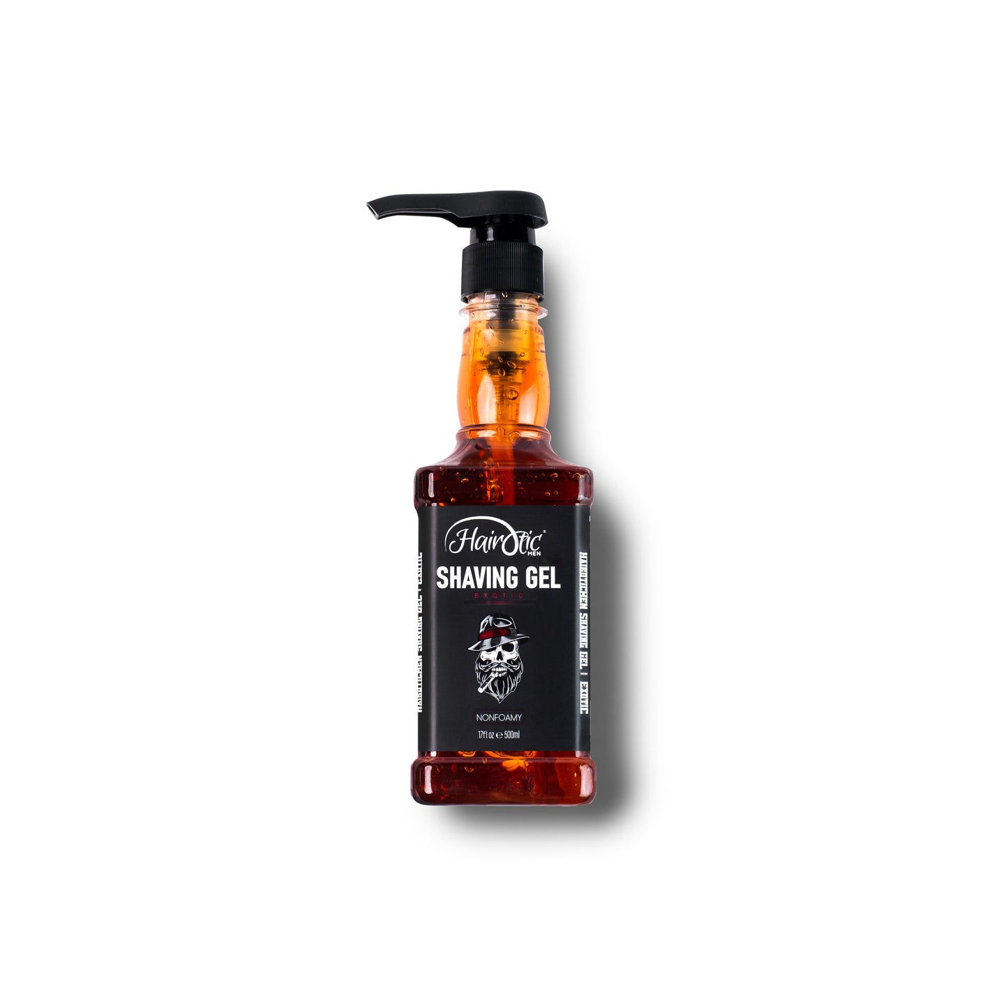 Orangefarbene Flasche Hairotic Professional Shaving Gel Exotic, 500 ml, mit Pumpspender und schwarzem Etikett mit Totenkopf-Logo, freigestellt auf weißem Hintergrund.