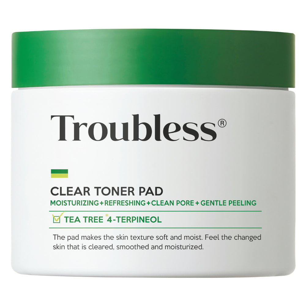 Troubless Clear Toner Pad – weiße Dose mit grünem Deckel, Pflegepads mit Tea Tree 4-Terpineol für sanftes Peeling und Feuchtigkeit