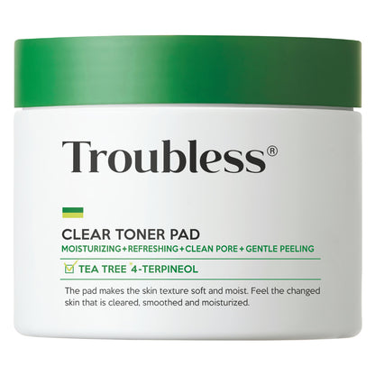 Troubless Clear Toner Pad – weiße Dose mit grünem Deckel, Pflegepads mit Tea Tree 4-Terpineol für sanftes Peeling und Feuchtigkeit