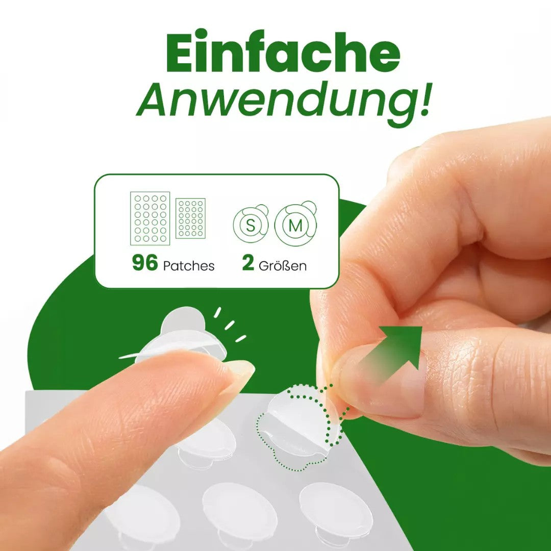 Hydrokolloid Pickel Patches – Finger löst Patch von der Trägerfolie. Infobox zeigt 96 Stück in zwei Größen (S/M). Einfache Anwendung Schritt.