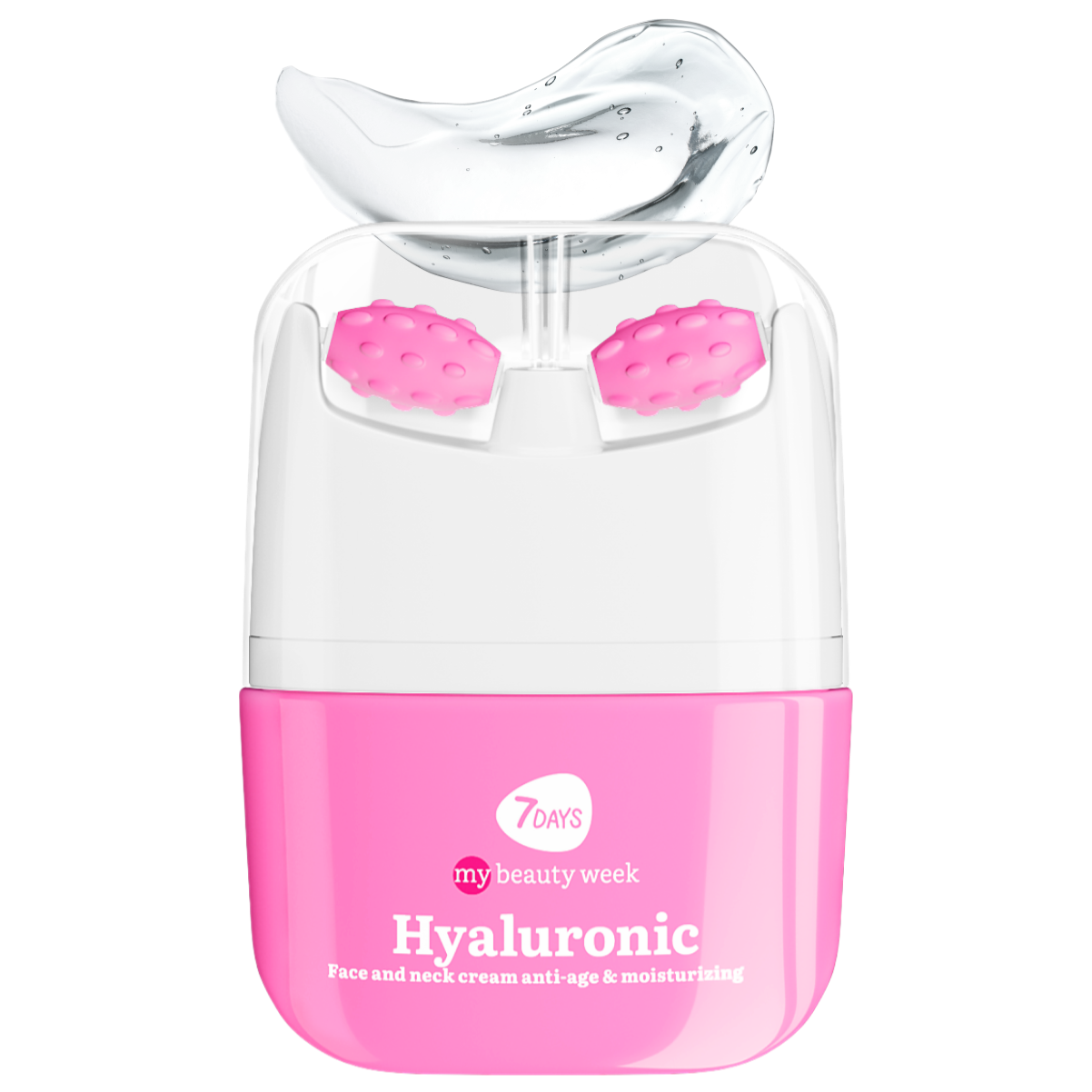 Pink-weißer Face & Neck Massager von 7DAYS my beauty week, Hyaluronic Face and Neck Cream Anti-Age & Moisturizing, mit zwei pinken Massageköpfen und transparenter Gel-Textur.