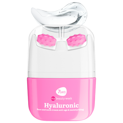 Pink-weißer Face & Neck Massager von 7DAYS my beauty week, Hyaluronic Face and Neck Cream Anti-Age & Moisturizing, mit zwei pinken Massageköpfen und transparenter Gel-Textur.