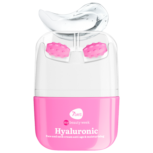 Pink-weißer Face & Neck Massager von 7DAYS my beauty week, Hyaluronic Face and Neck Cream Anti-Age & Moisturizing, mit zwei pinken Massageköpfen und transparenter Gel-Textur.