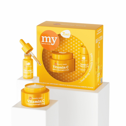 7DAYS My Beauty Week Vitamin C Gift Set, bestehend aus Radiance Day & Night Cream in der Dose und Vitamin C Elixir 1.5% Radiance Face Serum in der Pipettenflasche, in gelber Verpackung